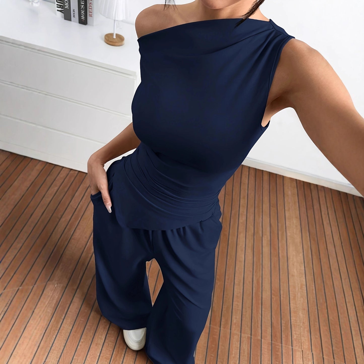 Damen Elegante Jumpsuit-Kombination mit asymmetrischem Oberteil und weitem Bein Stalluxe