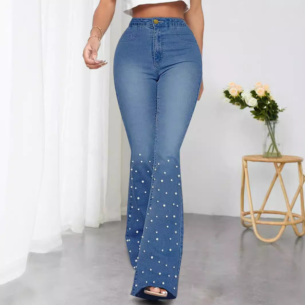 Damen Flared Jeans mit eleganten Perlenapplikationen Stalluxe