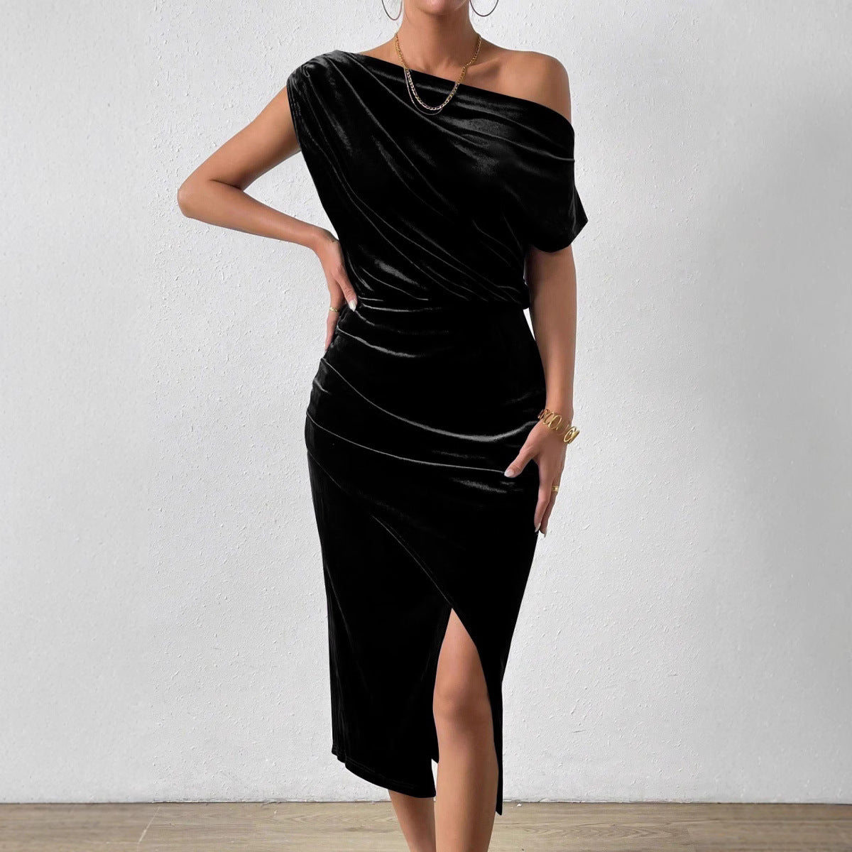 Damen elegantes Wickelkleid mit asymmetrischem Ausschnitt und seitlichem Schlitz Stalluxe