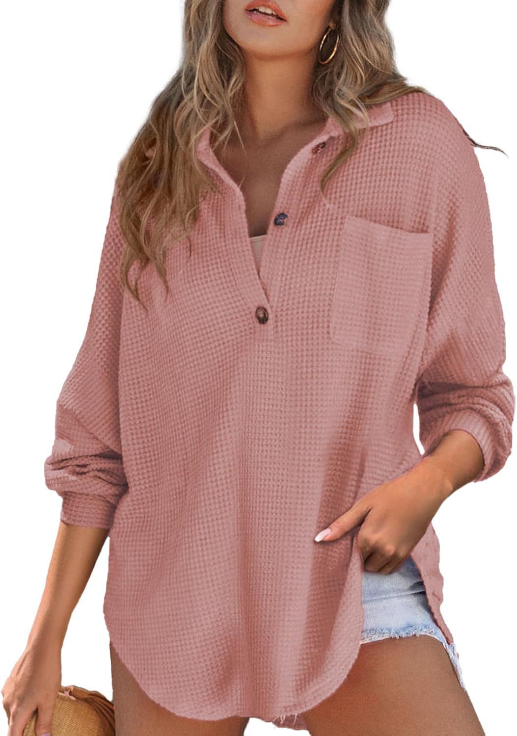 Damen lässiges Waffelshirt mit Knopfdetails und Taschen Stalluxe