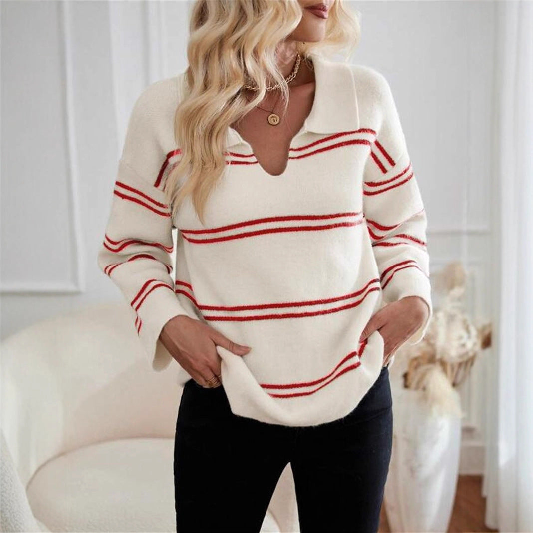 Damen lässiger Pullover mit Polo-Kragen und gestreiftem Design Stalluxe