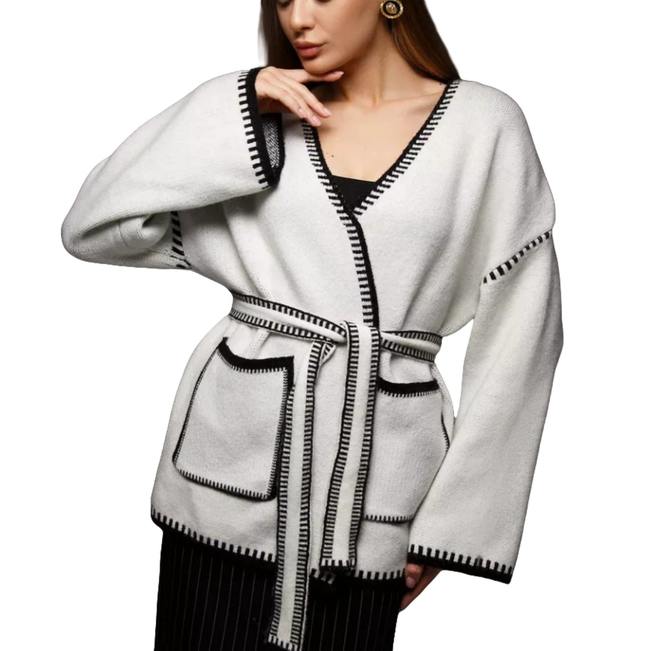 Damen Komfortabler Strickmantel mit Gürtel und praktischen Taschen Stalluxe