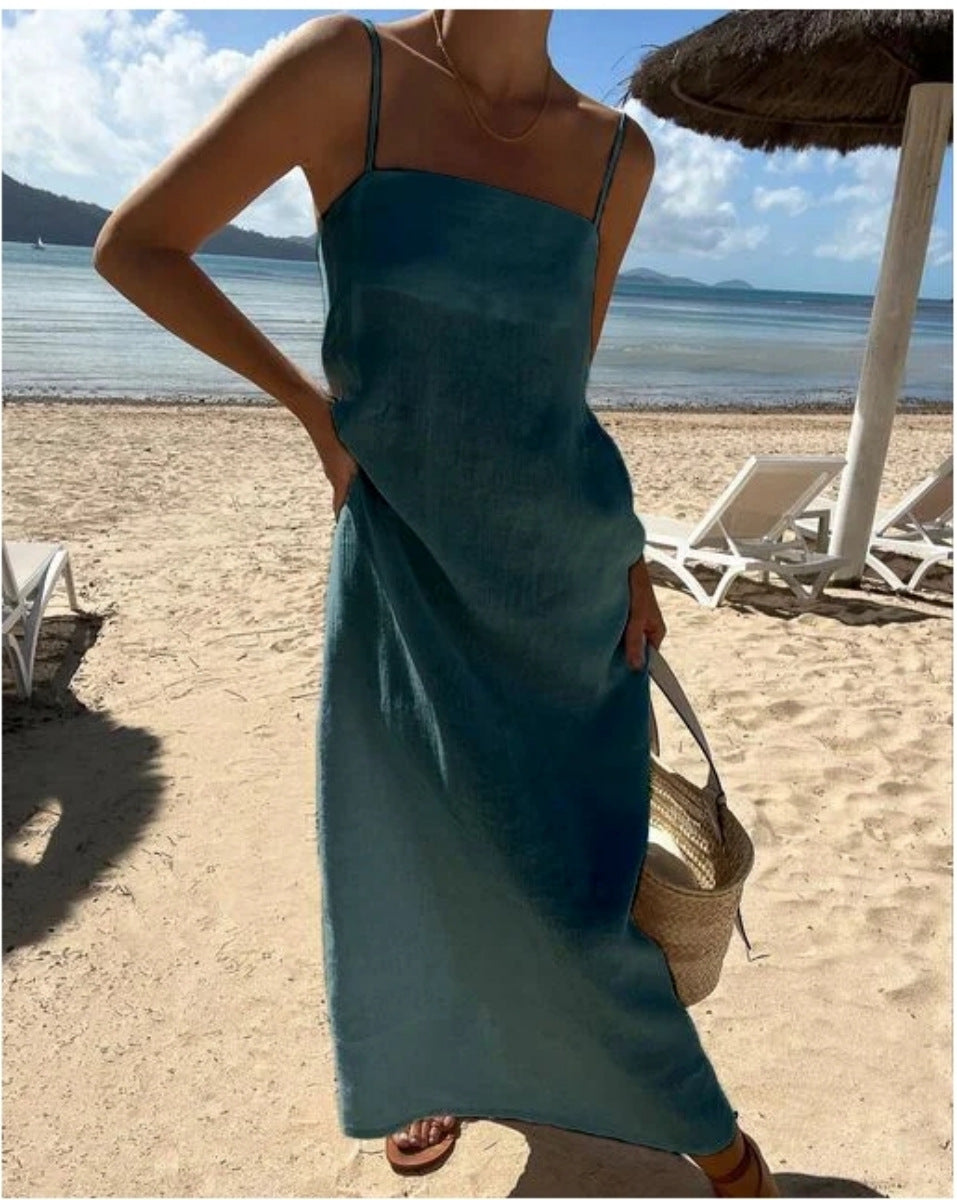 Damen Maxikleid aus luftigem Leinen mit Spaghettiträgern Stalluxe