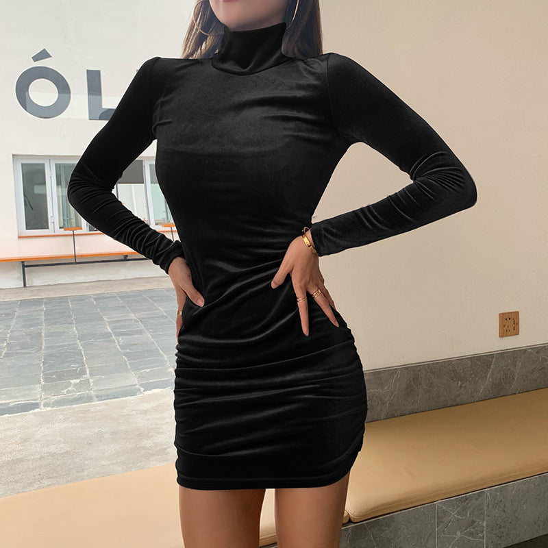 Damen figurbetontes Velours-Minikleid mit hochgeschlossenem Kragen und Raffungselementen Stalluxe