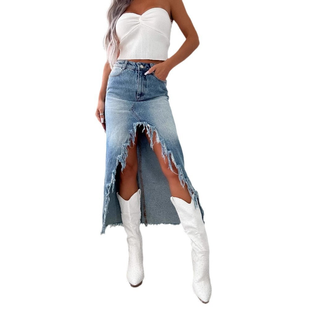 Damen Denim-Rock mit fransigem Saum und hohen Schlitzen Stalluxe