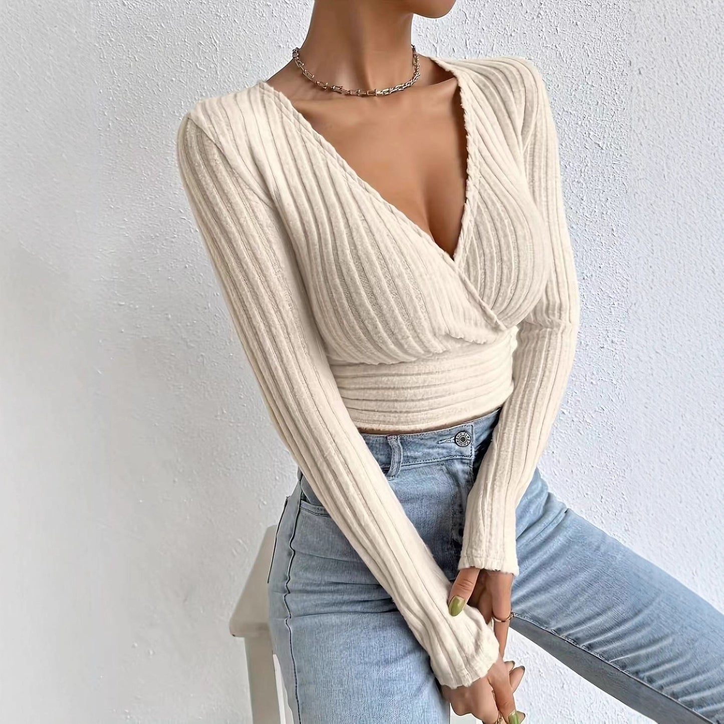 Damen Cropped Pullover mit V-Ausschnitt und raffiniertem Rippendesign Stalluxe