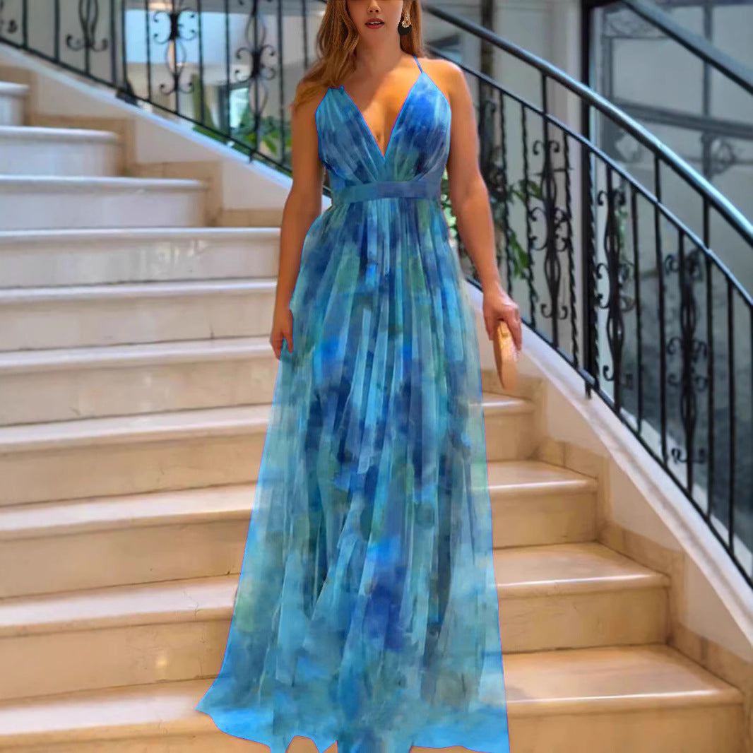 Damen Elegantes Maxikleid mit tiefem V-Ausschnitt und luftigen Stoffschichten Stalluxe