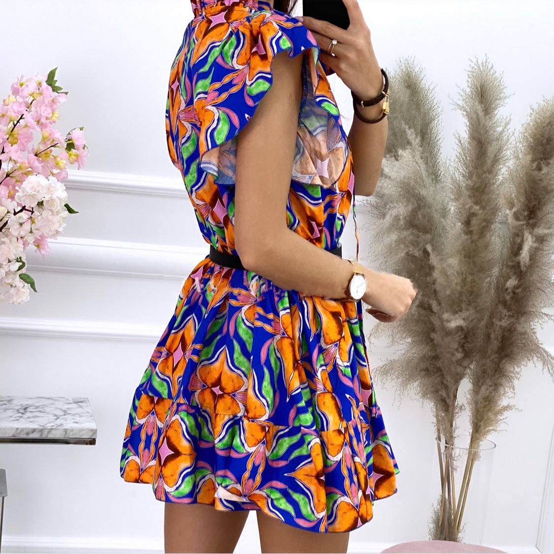 Damen Kurzes Hemdblusenkleid mit voluminösen Ärmeln und floralem Druck Stalluxe