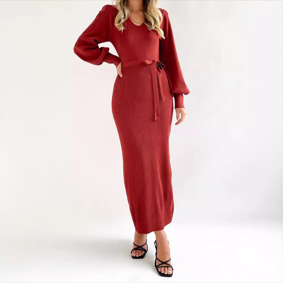 Damen elegantes Strickkleid mit Puffärmeln Stalluxe