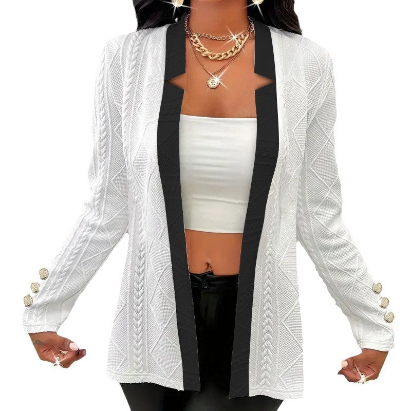 Damen Elegante Strickblazerjacke mit kontrastreichem Revers und einzigartiger Knopfdetails Stalluxe