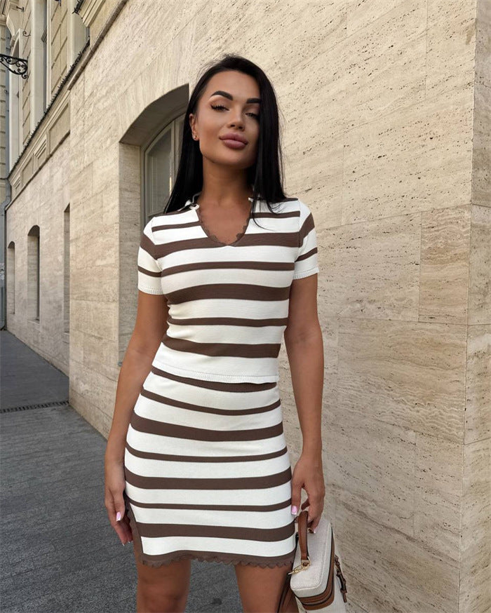 Damen Streifen Kleid mit kurzem Ärmel und Rippstruktur Stalluxe