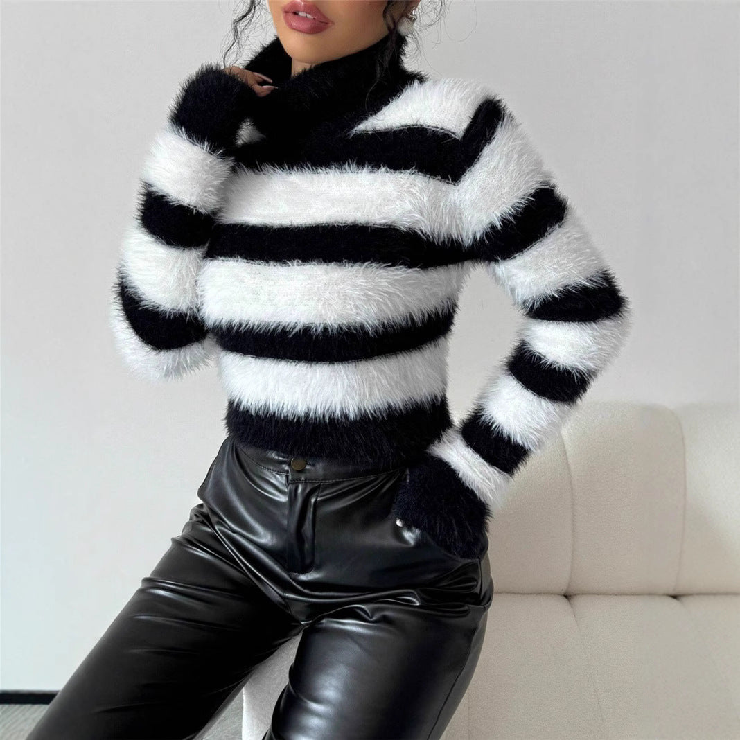 Damen modischer Strickpullover mit trendigem gestreiften Design und hohem Kragen Stalluxe