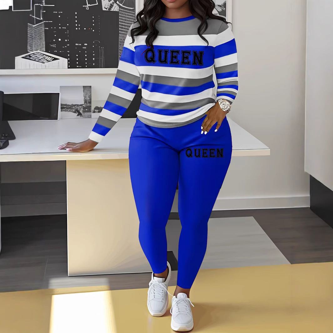 Damen Freizeit-Loungewear-Set mit gestreiftem Langarmshirt und bequemer Hose Stalluxe