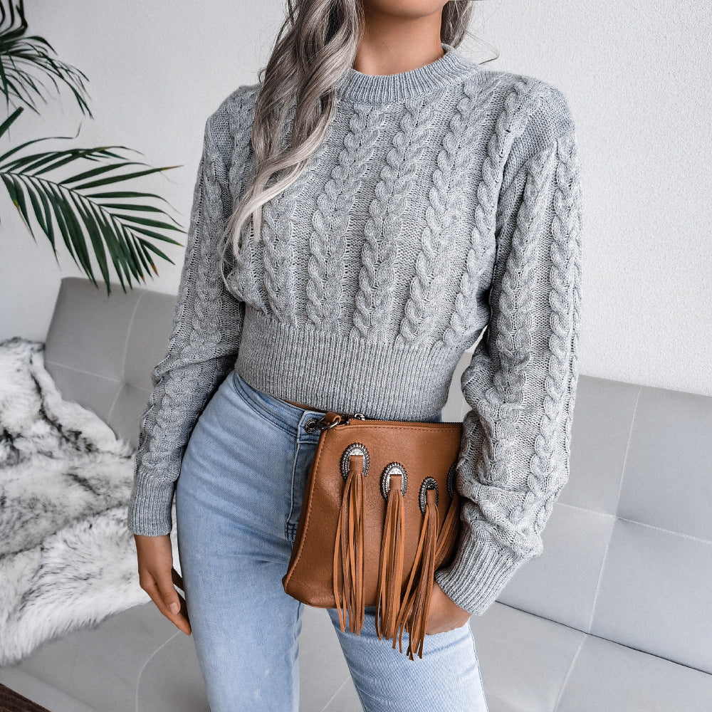Damen Grobstrickpullover mit verlängertem Bund und Kunstleder-Applikationen Stalluxe
