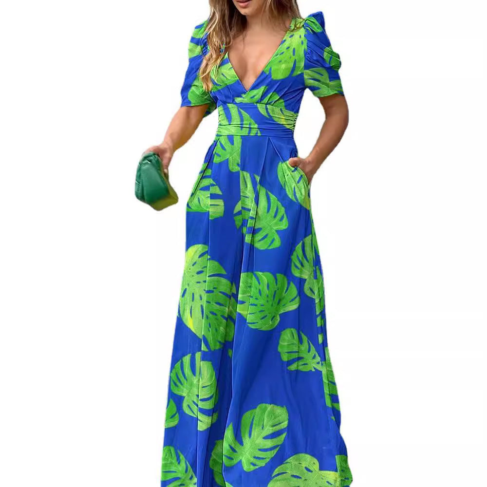 Damen Maxi-Kleid mit tiefem V-Ausschnitt und Puffärmeln Stalluxe