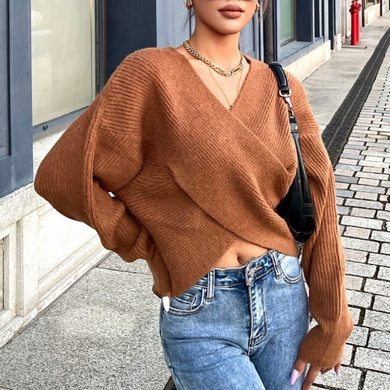 Damen Gemütlicher Strickpullover mit modernem Wickeldesign Stalluxe