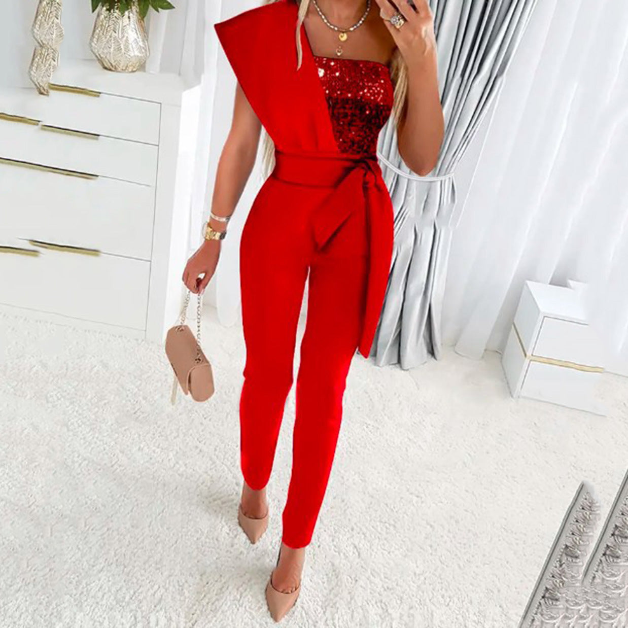 Damen One-Shoulder Jumpsuit mit glitzerndem Oberteil und Taillengürtel Stalluxe