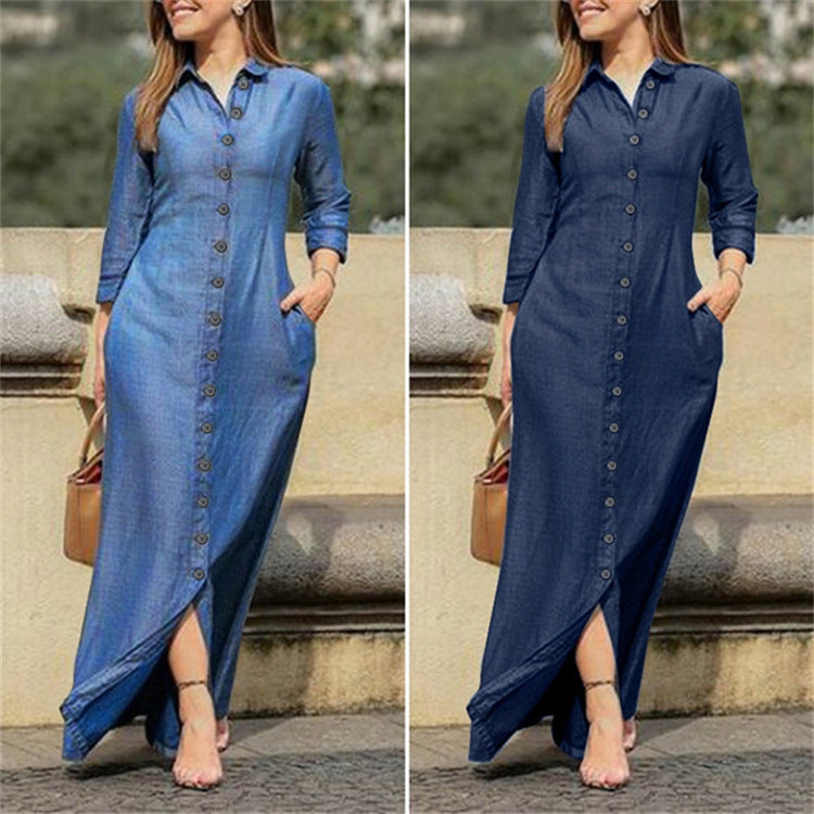 Damen lässiges Maxikleid mit funktionalem Knopfverschluss und praktischen Seitentaschen Stalluxe