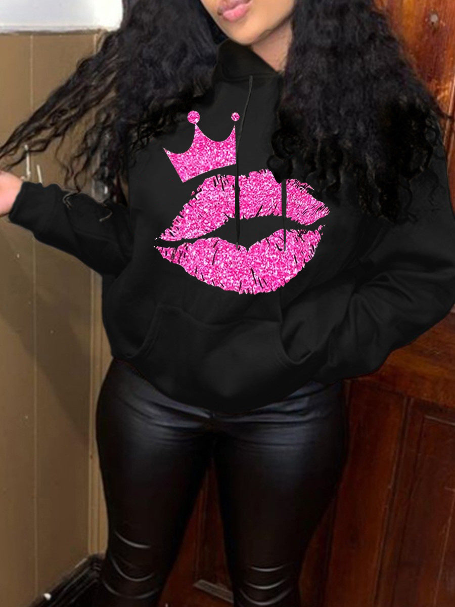 Damen Kapuzensweatshirt mit auffälligem Lippenmotiv und Krone Stalluxe
