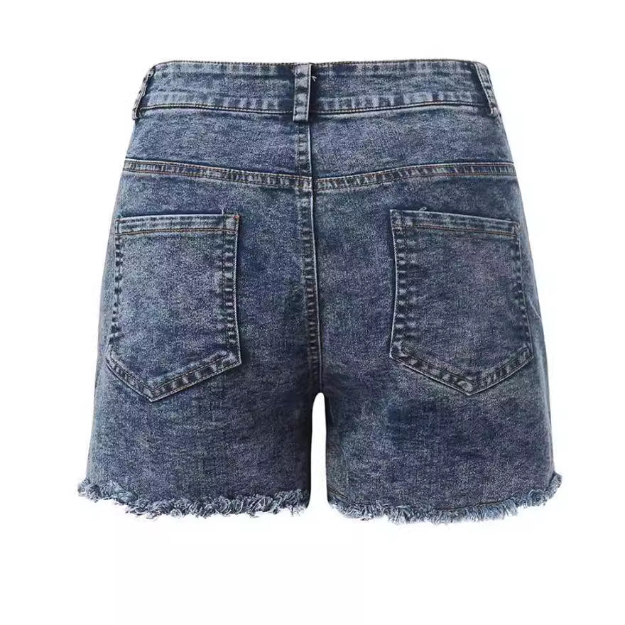 Damen Hochtaillierte Jeans-Shorts mit fransigem Saum Stalluxe