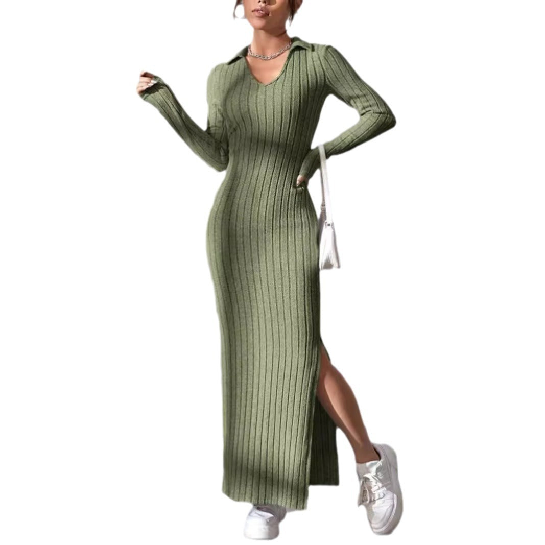 Damen Langärmliges Rippkleid mit Slit und Kragen Stalluxe