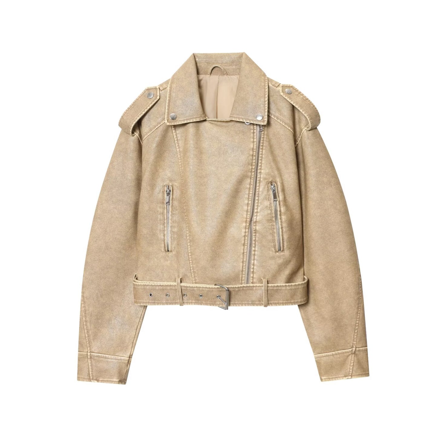 Damen modische Bikerjacke im Vintage-Look mit Taillengürtel und Reißverschlusstaschen Stalluxe