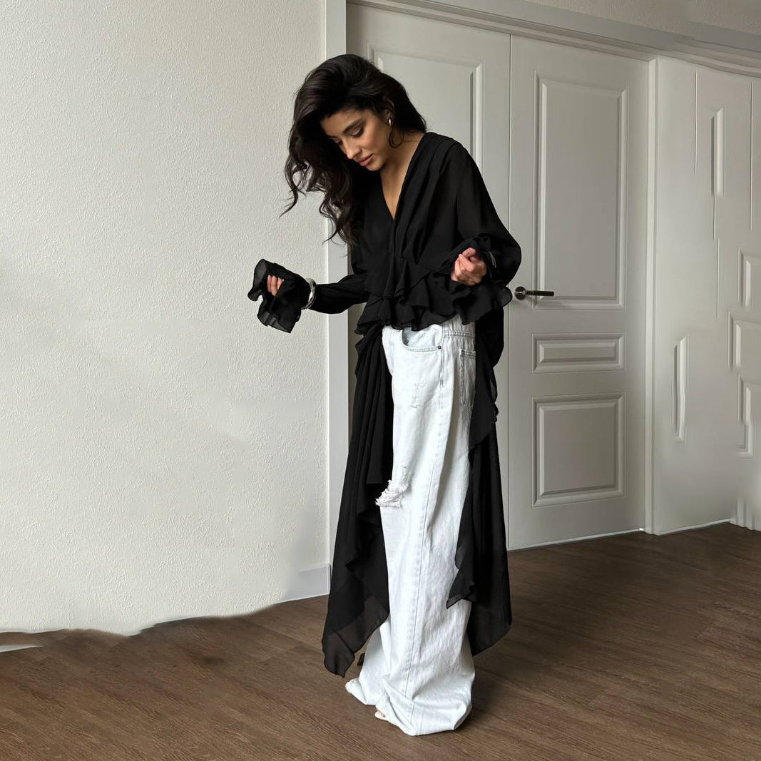 Damen Elegantes, fließendes Maxikleid mit weitem Schnitt und Rüschendetails Stalluxe