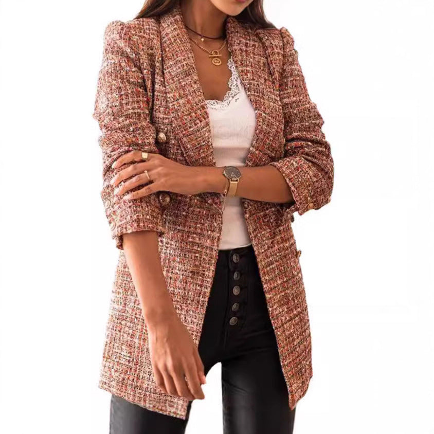 Damen Elegante Tweed-Blazerjacke mit tailliertem Schnitt und Knopfdetail Stalluxe