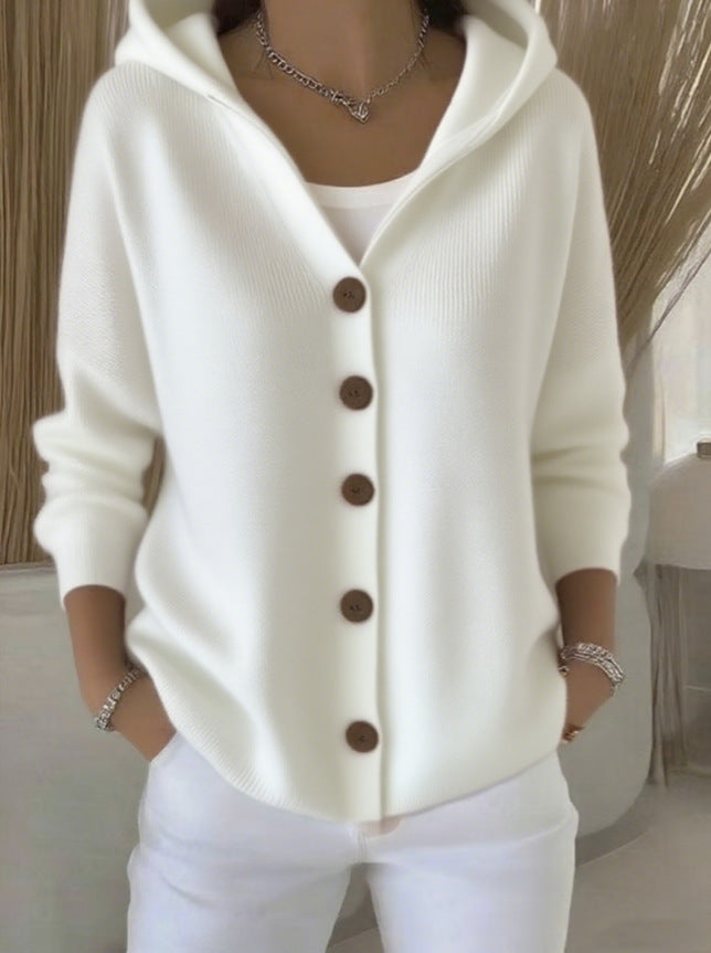 Damen lässige Strickjacke mit Kapuze und Knopfverschluss Stalluxe