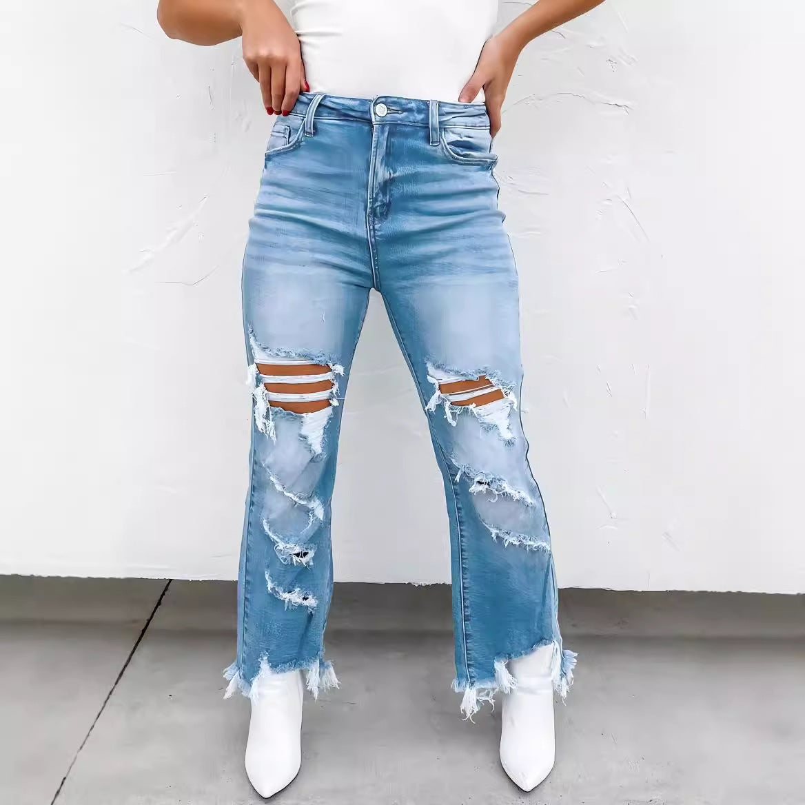 Damen Flared Jeans mit modischen Destroyed-Details und hoch geschnittenem Bund Stalluxe