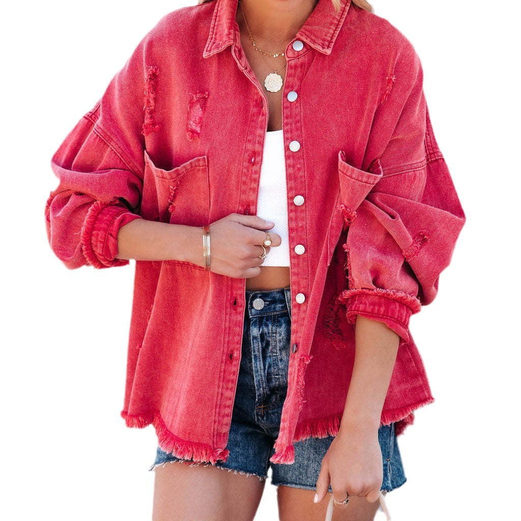 Damen Oversized Denim-Bluse mit Fransen Stalluxe