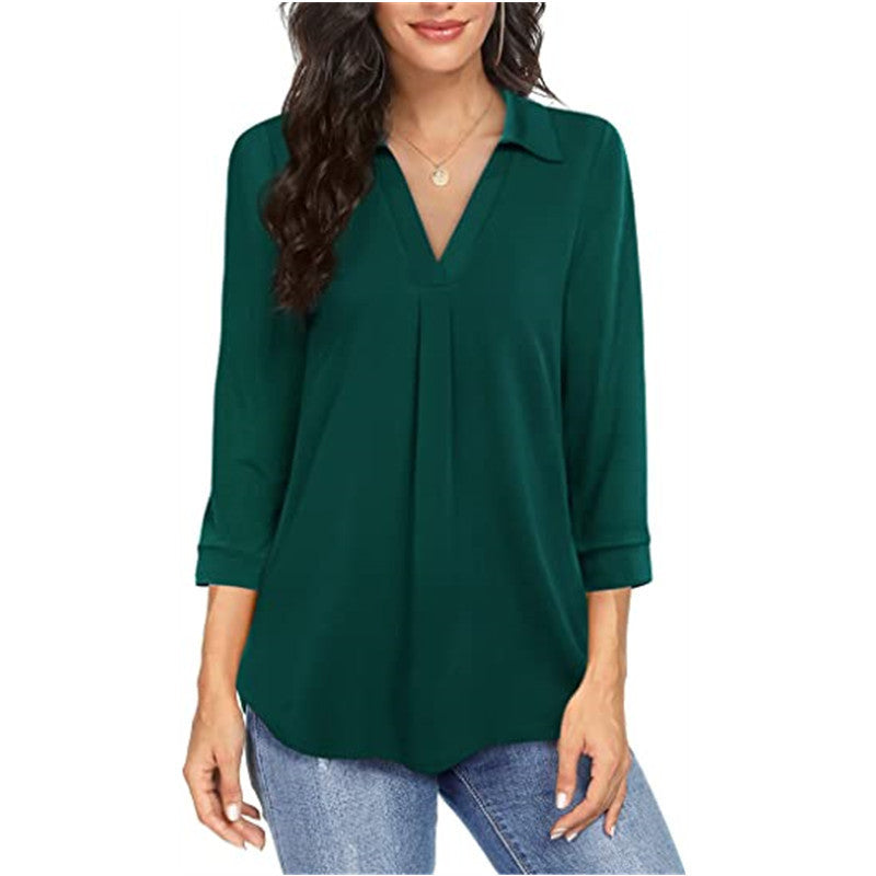 Women's Stylish Pleated V-Neck Blouse Stalluxe