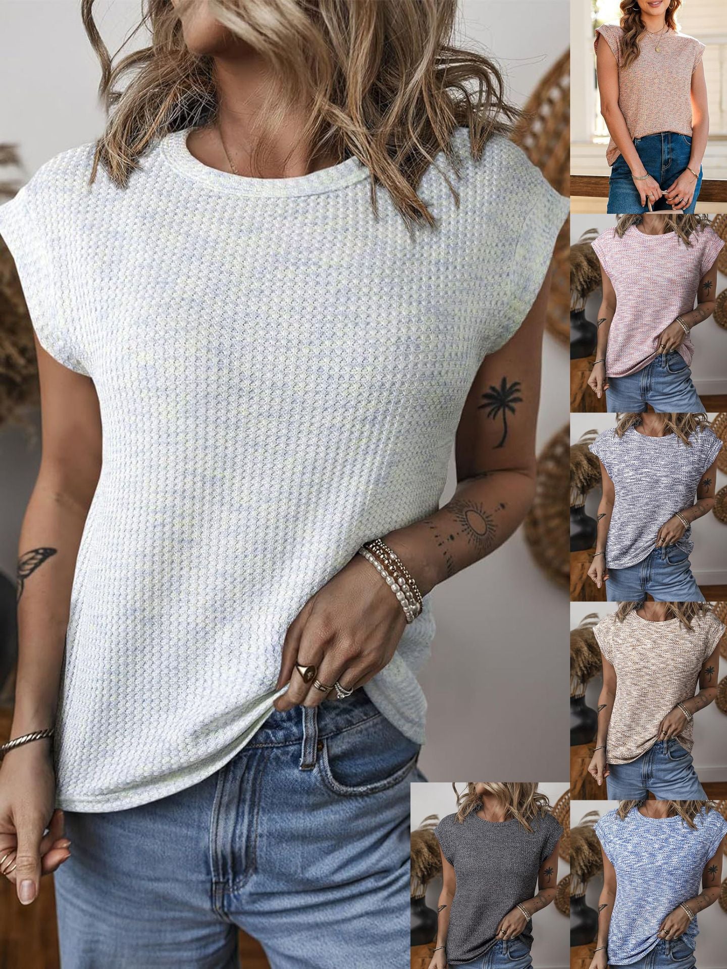 Women's Textured Short Sleeve Crew Neck Top Stalluxe