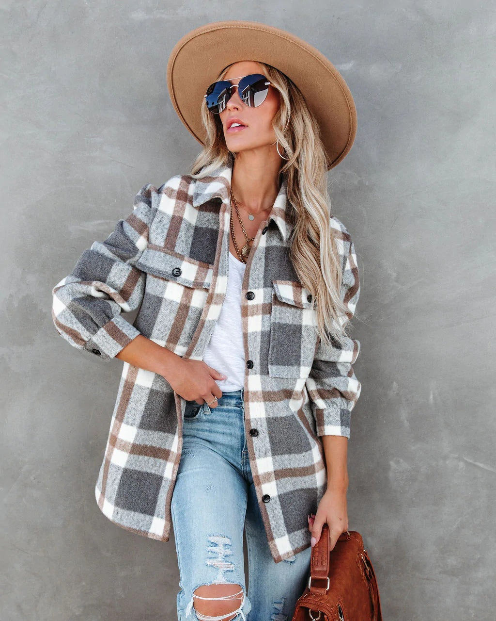 Damen Flanell Hemdjacke im modischen Karo-Look mit großen Taschen Stalluxe