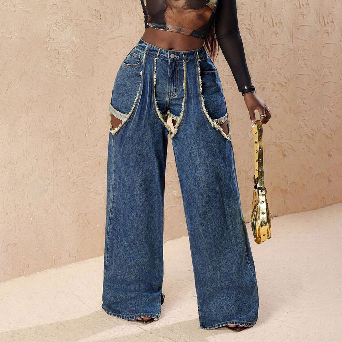 Damen Distressed Wide-Leg-Jeans mit Cut-Out-Details Stalluxe