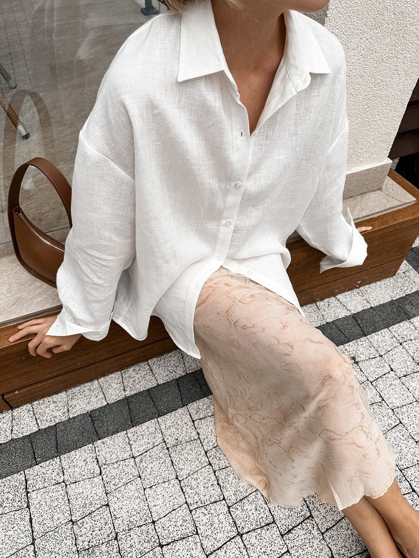 Women's Oversized Linen Button-Up Shirt Stalluxe