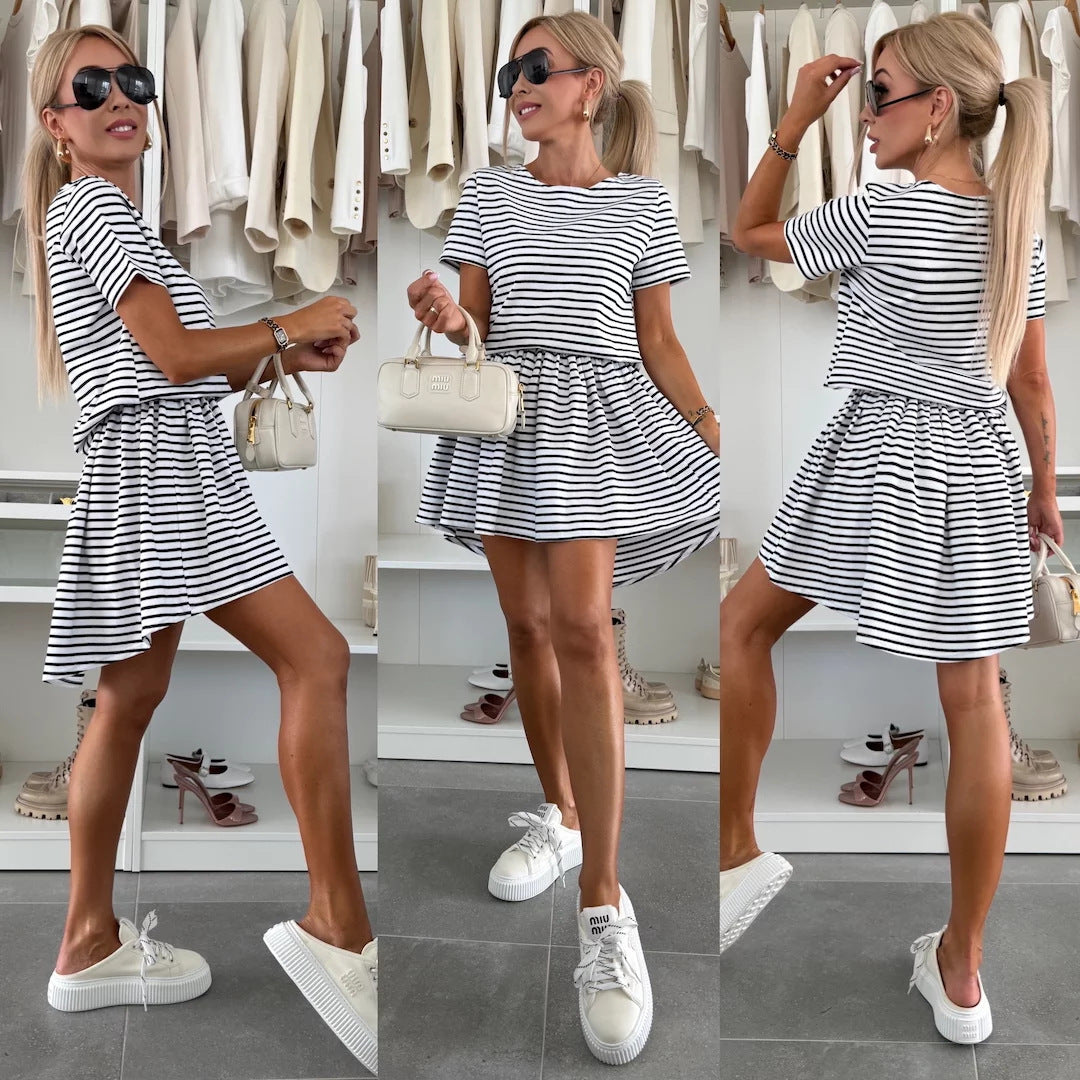 Damen gestreiftes Freizeitkleid mit weit schwingendem Rock Stalluxe