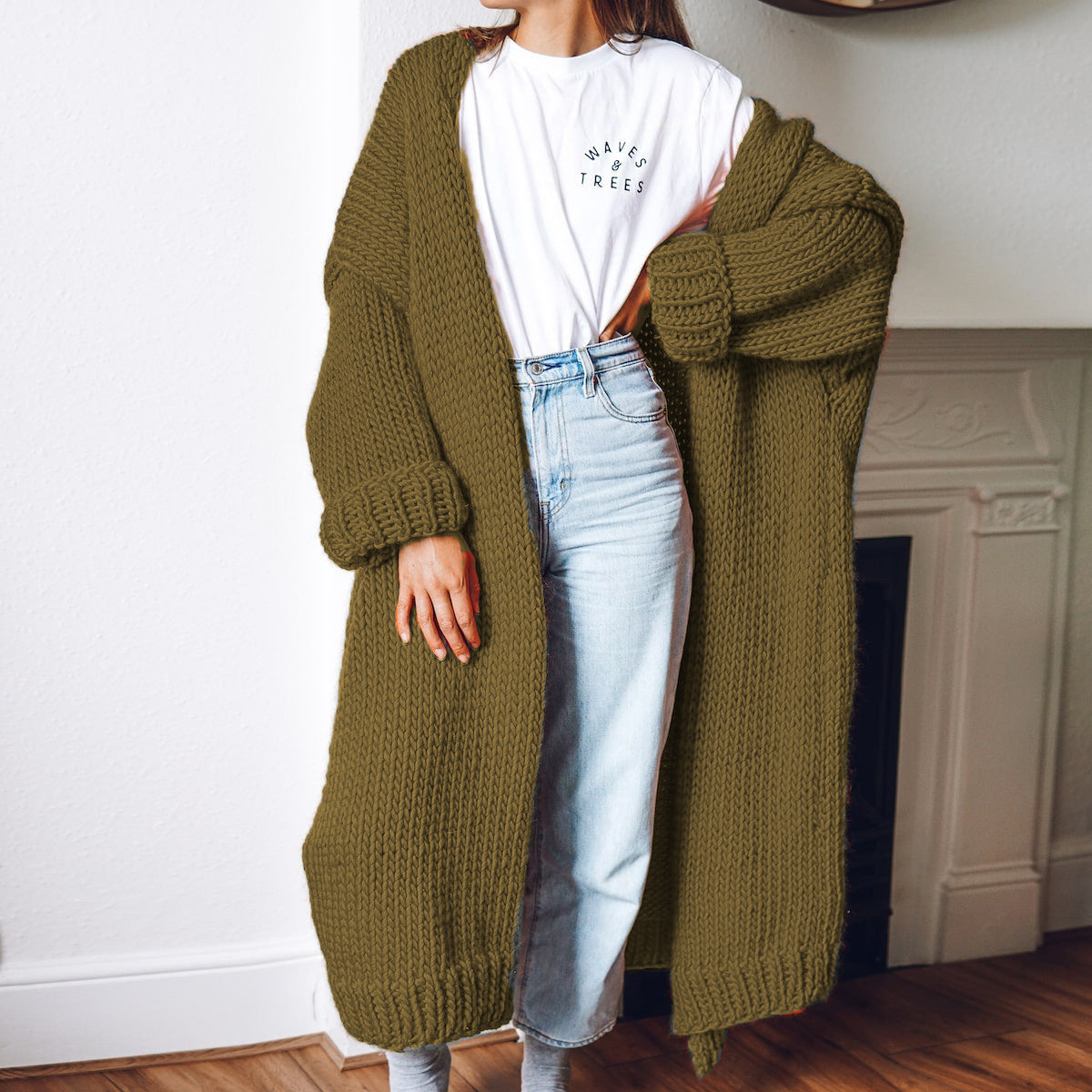 Damen Großer Strickmantel mit tiefen Taschen und voluminösen Ärmeln Stalluxe