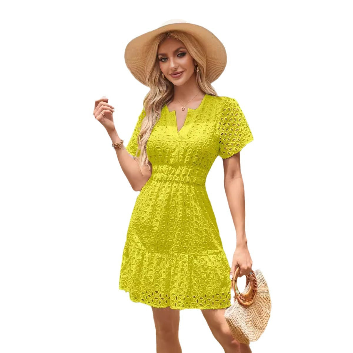 Damen modisches Freizeitkleid mit Lochmuster und Tüllsaum Stalluxe