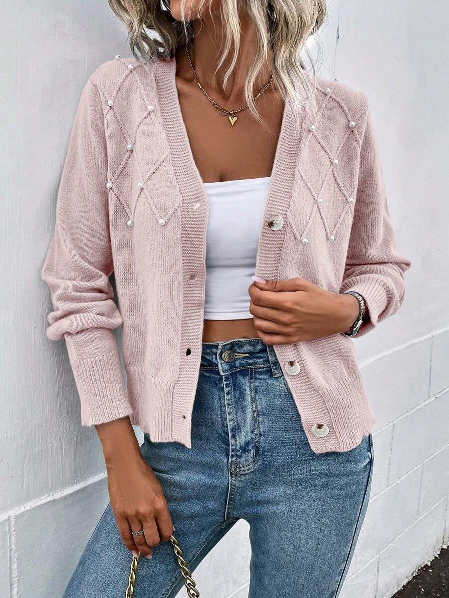 Damen Strickjacke mit Perlenverzierung und V-Ausschnitt Stalluxe