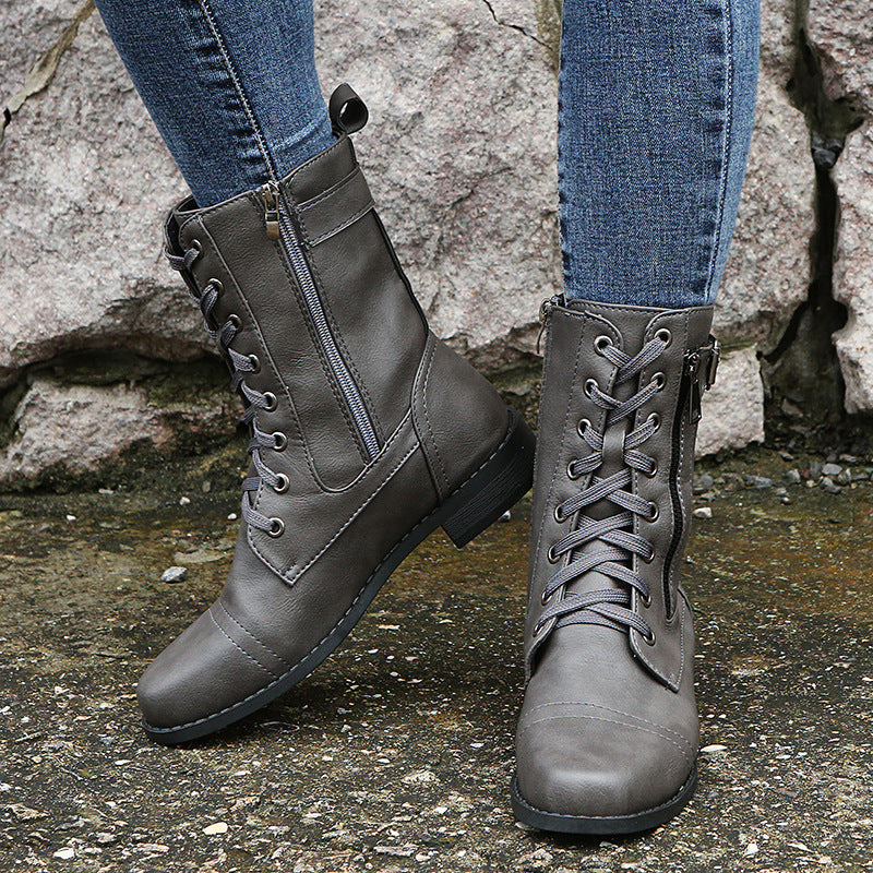 Damen Rinderleder Schnürstiefel mit seitlichem Reißverschluss und gepolstertem Kragen Stalluxe