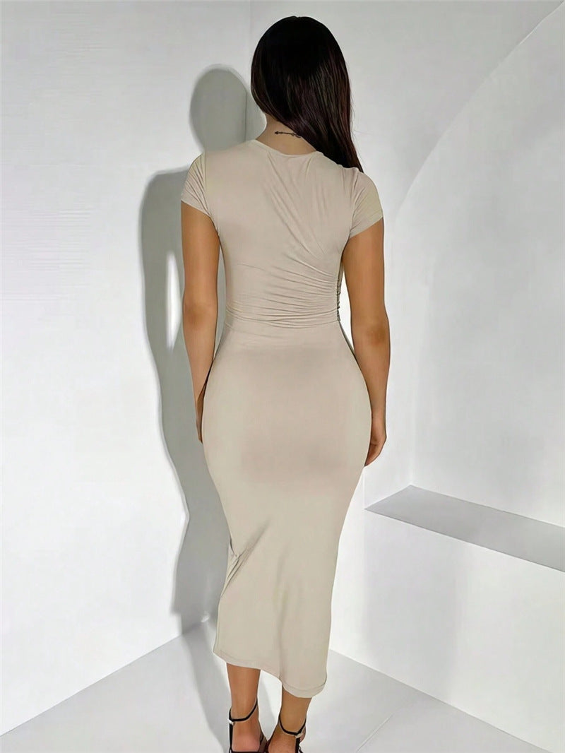 Damen körperbetontes Midi-Kleid mit kurzen Ärmeln und Rundhalsausschnitt Stalluxe