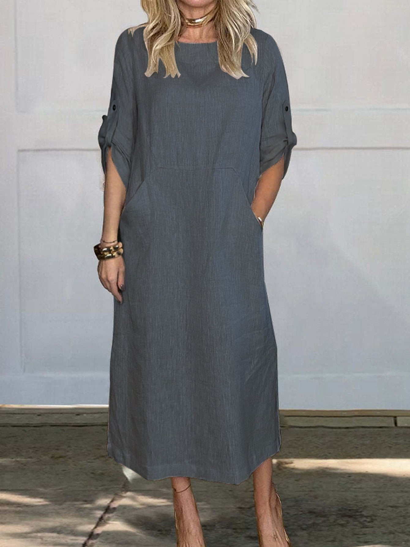 Damen luftiges Midi-Kleid mit praktischen Taschen und umschlagbaren Ärmeln Stalluxe