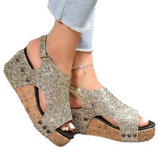 Damen Glitzernde Zehensandaletten mit Korksohle und rutschfester Außensohle Stalluxe
