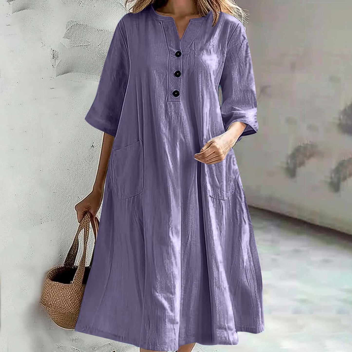 Damen lässiges Baumwollkleid mit Knopfleiste und praktischen Taschen Stalluxe