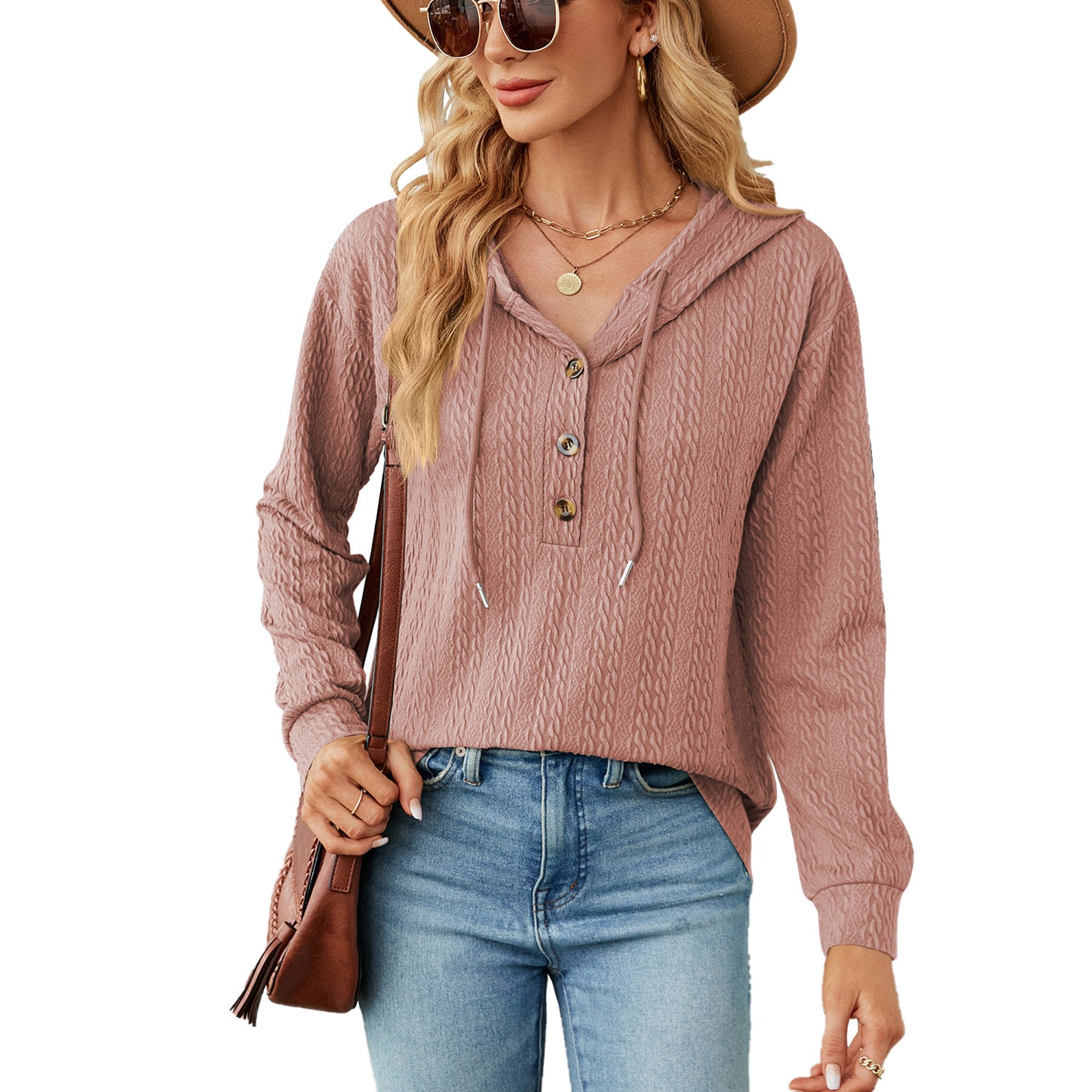 Damen lässiger Kapuzenpullover mit strukturierter Oberfläche und Knopfdetails Stalluxe