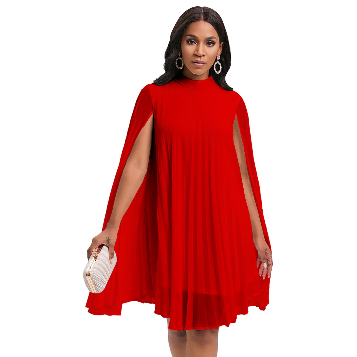 Damen Plissee-Kleid mit eleganten Kapuze und voluminösen Ärmeln Stalluxe