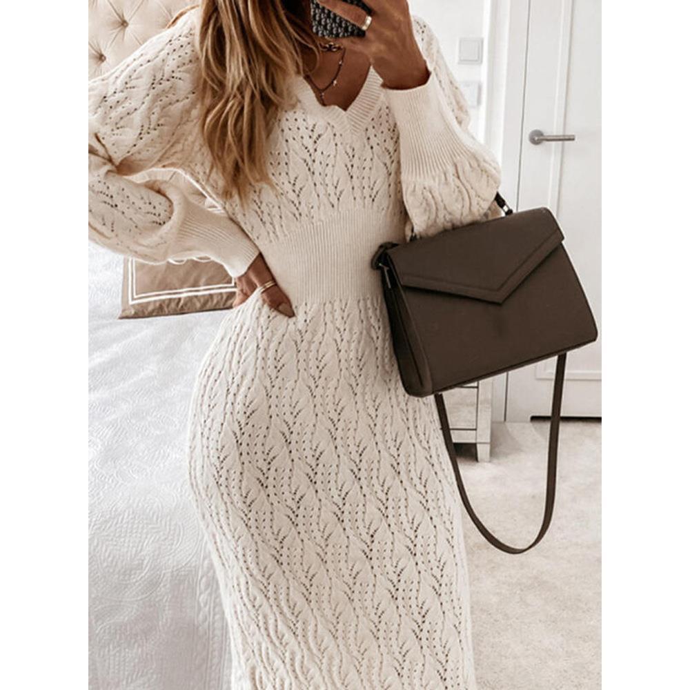 Damen Strickkleid mit halbtransparentem Muster und schickem V-Ausschnitt Stalluxe