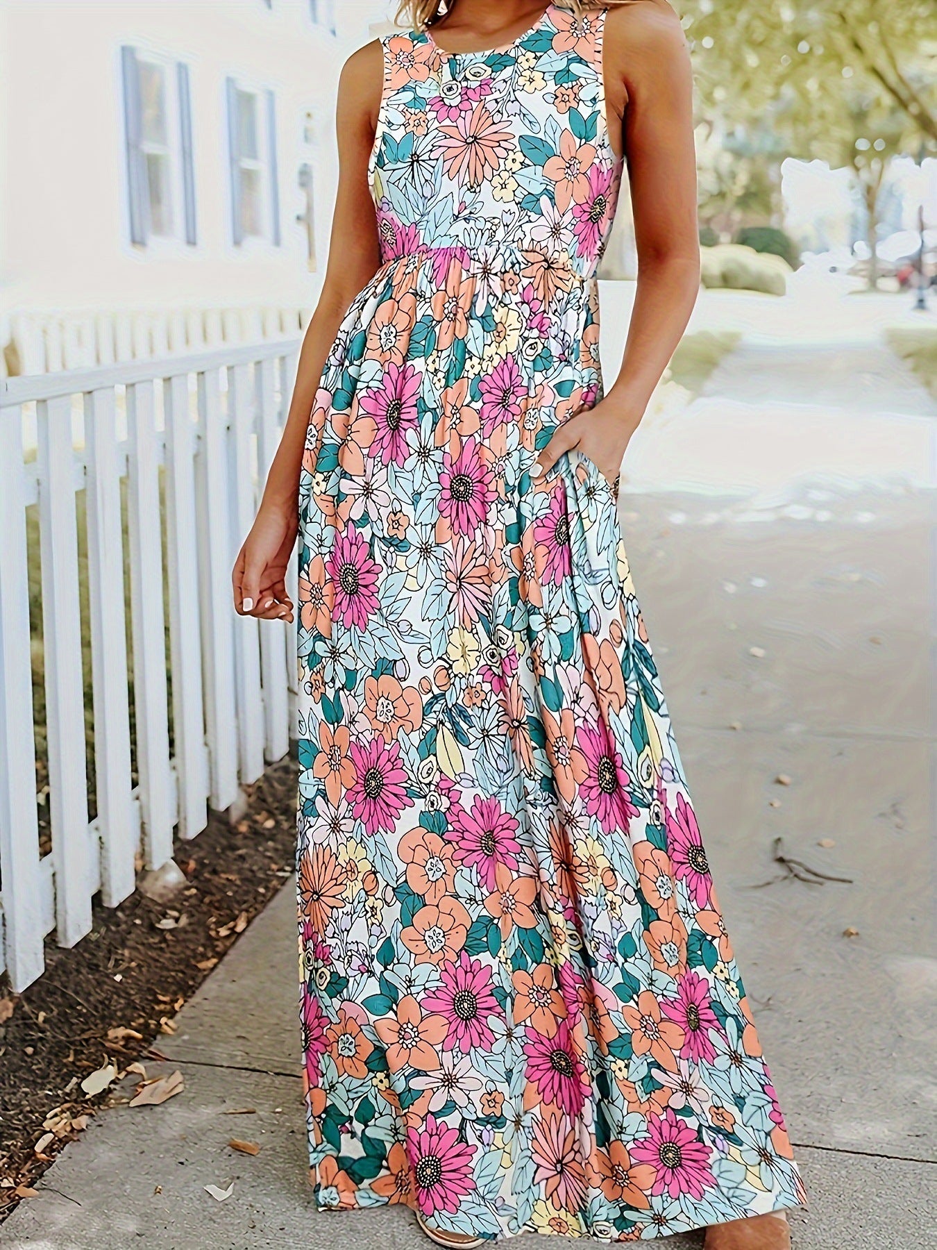 Damen Maxikleid mit floralem Muster und praktischen Taschen Stalluxe