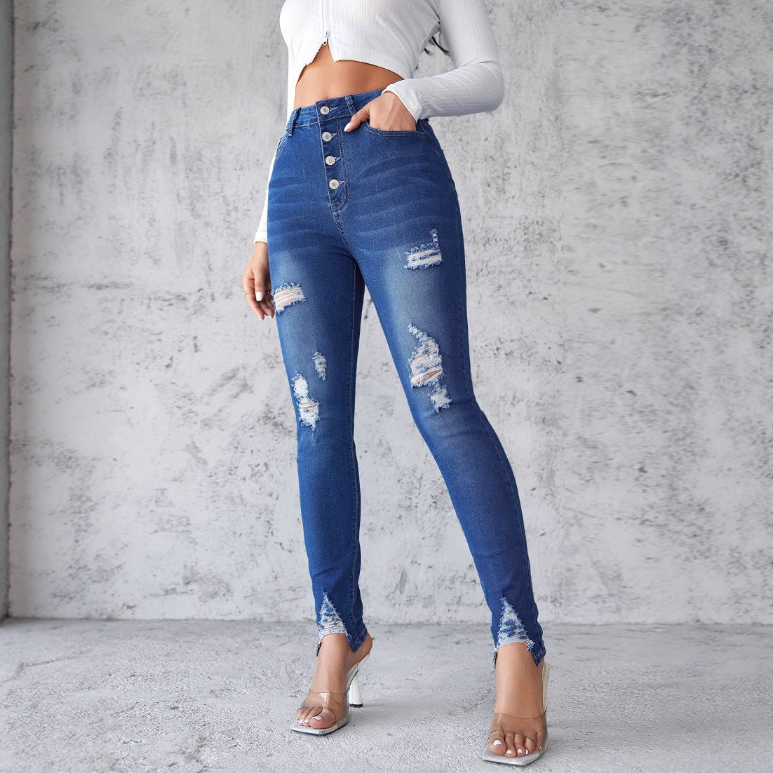 Damen High-Waist Skinny Jeans mit modischen Rissen und Knopfdetails Stalluxe